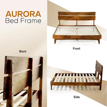 Acacia Aurora Wooden Bed with Headboard, Queen Size Bed Frame, 800lbs Capacity Wood Bed Compatible with All Mattress Types, Non-Slip & Noise-Free, Wood Slats Support, Easy Assembly, Walnut