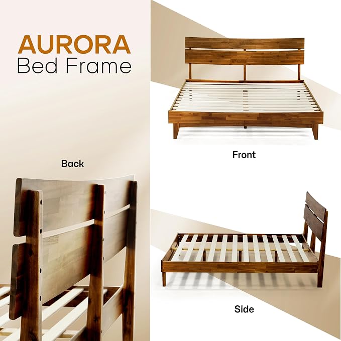 Acacia Aurora Bed Frame with Headboard Solid Wood Platform Bed, King Size Bed Frame, Mid - Century Modern Wood Bed Compatible with All Mattresses, Easy Assembly, Non-Slip, Walnut