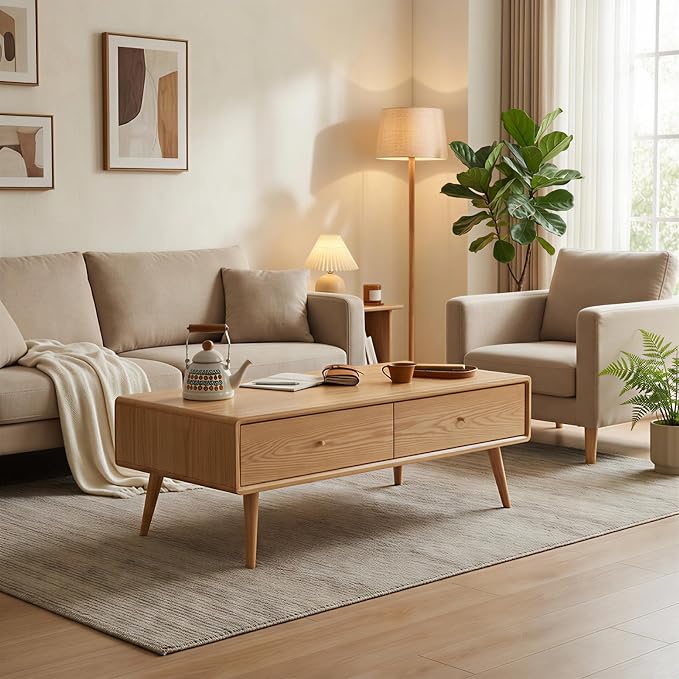 47.24" Solid Wood Coffee Table with Large Storage for Living Room, Oak Coffee Table with 4 Drawers, Mid-Century Modern Coffee Tables for Home (Original Wood Color)