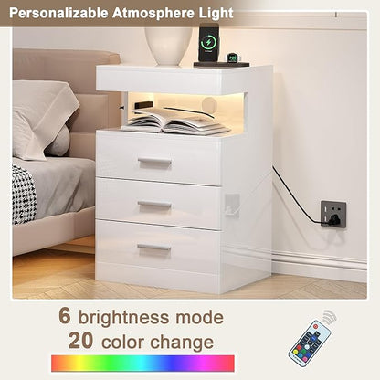 Treocho Led Nightstand with Hidden Space, Modern Night Stand with Charging Station, 3 Drawer Smart Nightstand with Glossy Finish, Tall Bedside Table with RGB Lights for Bedroom, White
