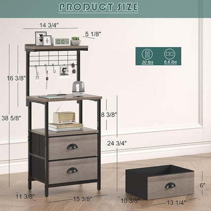 sthmec Tall Nightstands with Charging Station, LED Night Stand Bedsides with 2 Drawers Fabric, Hooks,USB Port and Open Storage Shelves,Tall End Table Bedside for Bedroom,Office, Grey