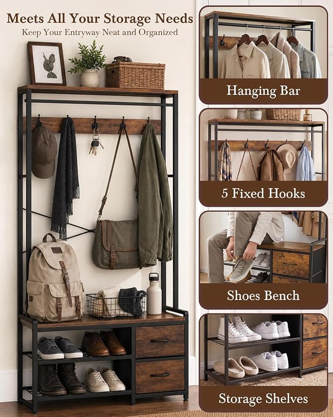 Faesun Hall Tree with Bench and Shoe Storage, Coat Rack, 5-in-1, 31.5" Entryway Bench with 2 Fabric Drawers, Mudroom Bench with Storage and Hooks, Rustic Brown