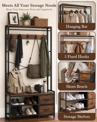 Faesun Hall Tree with Bench and Shoe Storage, Coat Rack, 5-in-1, 31.5" Entryway Bench with 2 Fabric Drawers, Mudroom Bench with Storage and Hooks, Rustic Brown