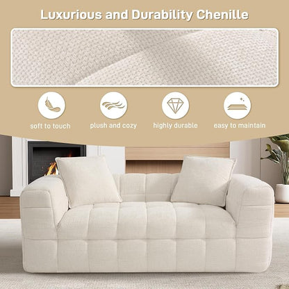 66.5" Loveseat Boneless Couch,Comfy Cloud Sectional Sofa with Deep Seat,Modern Upholstered Chenille Love Seat Sofa, Small Couches for Living Room, No Assembly Required Tufted Sofas, Beige White
