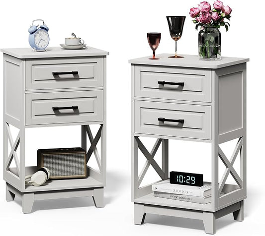 May in Color Nightstand Set of 2, 30" Tall Side Table with 2 Drawers and Open Shelf, Bedside Table with Solid Feet, Modern Night Stand End Table for Bedroom, Home Office, White