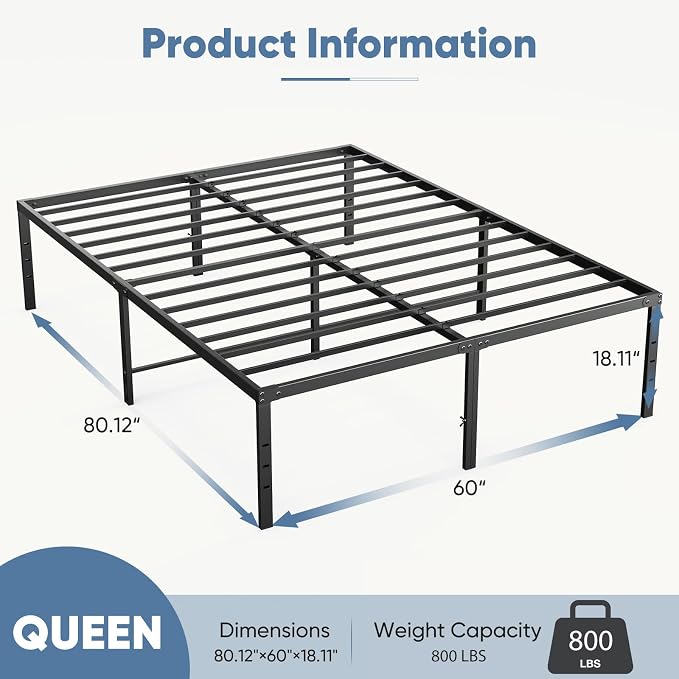 DUMOS Queen Size 18 Inch Bed Frame - Metal Platform Bed Frame Mattress Foundation with Steel Slat Support, No Box Spring Needed, Storage Space Under Base, Easy Assembly, Black