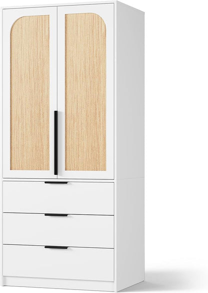 GarveeHome Armoire Wardrobe Closet, 69.5 in Wooden Wardrobe Cabinet with 3 Drawers, Hanging Rod, 2 Doors Clothing Storage Cabinet for Bedroom, Large Capacity Storage, Rattan Door, White