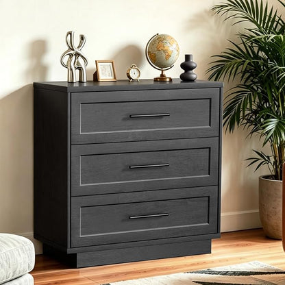 Fatmok 31.5" Wide 3 Drawer Nightstand, Oversized Wooden Bedside Table with Storage, Modern Bedroom Side Table Cabinet, Large Night Stand with Drawers,Black Grey