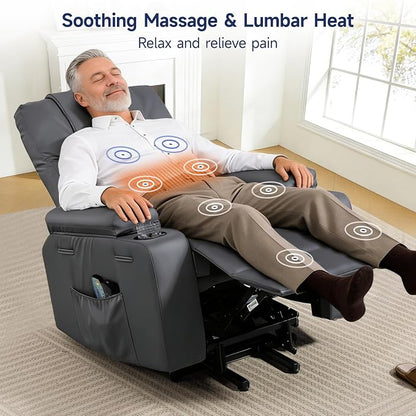 Brage Living Power Lift Recliner Chair for Elderly with Massage & Heat, PU Leather Electric Recliner with 160° Adjustable Recline, Stand Assist, Remote Control, USB Charge Port, Cup Holders (Gray)