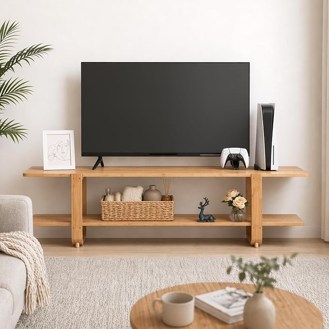 HollyHOME Bamboo TV Stand with Storage for TVs up to 65'', Modern Entertainment Center with 2 Open Shelf, Accent TV Media Console Table for Living Room, Bedroom, 55"(L), Burlywood