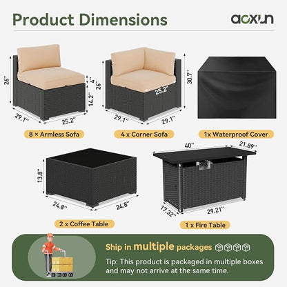 Aoxun 15 Piece Patio Furniture Set with 44” Fire Pit Table Wicker Rattan Patio Sectional Sofa Set Outdoor Seating Furniture with Thickened Cushion, Beige