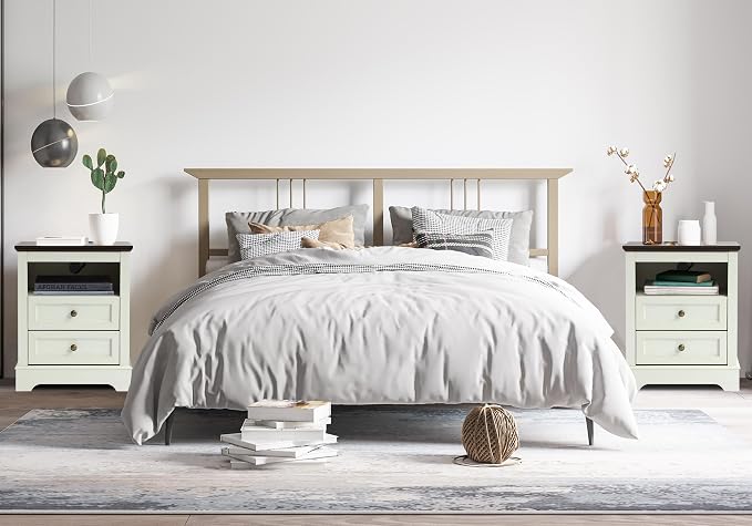 LOUVIXA Farmhouse Bedroom Sets of 4, Including 9 Drawer Dresser, 5 Drawer Dressers and Nightstand Set of 2 with Charging Station (Off White Sets, 3 Pieces-9 Drawer Dresser+2 Nightstand)
