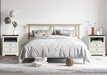 LOUVIXA Farmhouse Bedroom Sets of 4, Including 9 Drawer Dresser, 5 Drawer Dressers and Nightstand Set of 2 with Charging Station (Off White Sets, 3 Pieces-9 Drawer Dresser+2 Nightstand)