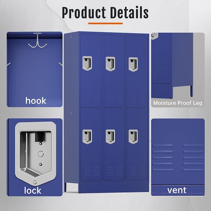 BUTISOW 6 Door Metal Storage Locker for Employees, Heavy Duty Steel School | Locker with Lift Up Handle & Recessed Hasp, Gym Office Lockers with Adjustable Shelves & Hooks, 72"H x 35.4"W x 15.75"D, Blue