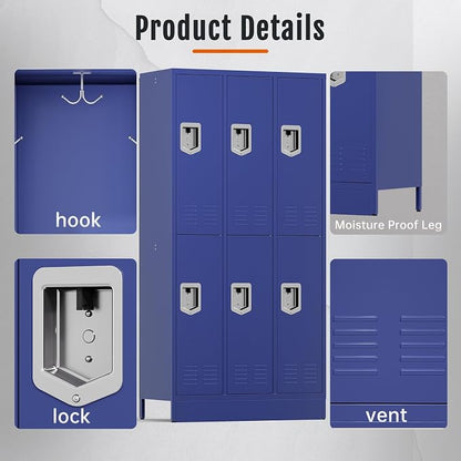 BUTISOW 6 Door Metal Storage Locker for Employees, Heavy Duty Steel School | Locker with Lift Up Handle & Recessed Hasp, Gym Office Lockers with Adjustable Shelves & Hooks, 72"H x 35.4"W x 15.75"D, Blue