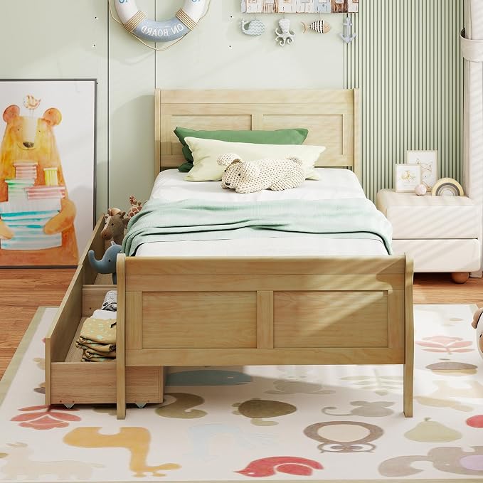 Giantex Twin Bed with 2 Storage Drawers, Wood Platform Bed with Headboard & Footboard, Wooden Slats Support Mattress Foundation, Twin Bed Frames for Kids Teens Adults, No Box Spring Needed (Natural)