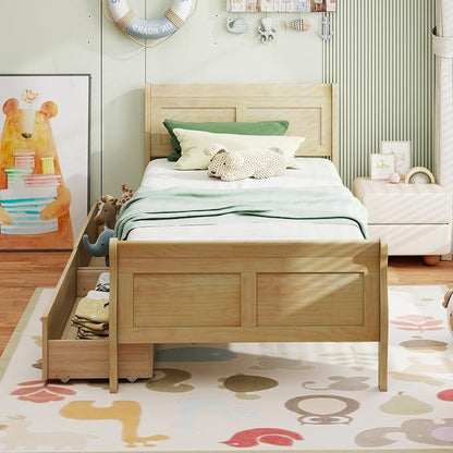 Giantex Twin Bed with 2 Storage Drawers, Wood Platform Bed with Headboard & Footboard, Wooden Slats Support Mattress Foundation, Twin Bed Frames for Kids Teens Adults, No Box Spring Needed (Natural)