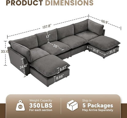 Iroomy Modular Sectional Sofa, U Shaped Chenille Cloud Couch Deep Comfy Seat, 6-Seater Sofas Couches for Living Room, Grey