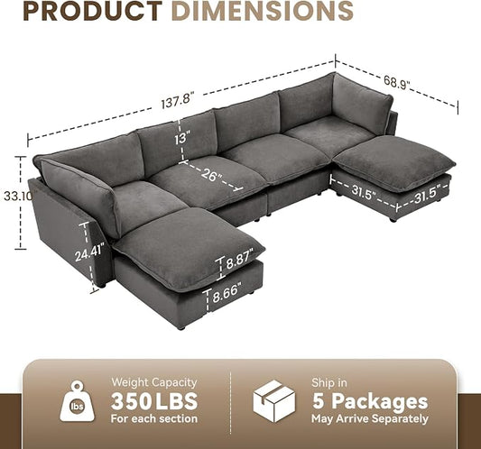 Iroomy Modular Sectional Sofa, U Shaped Chenille Cloud Couch Deep Comfy Seat, 6-Seater Sofas Couches for Living Room, Grey