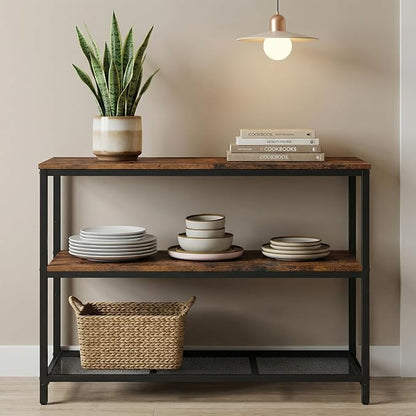 Homleke 39.4" L Kitchen Island with 3 Shelves, Kitchen Shelf with Large Workstation, Bakers Rack, Workbench, Metal Frame, Rustic Brown and Black