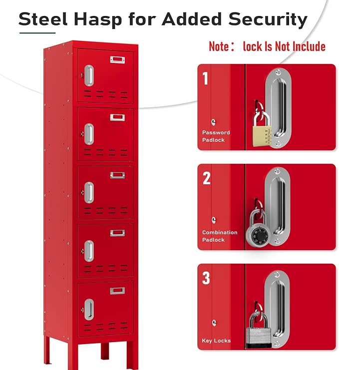 BUTISOW Metal Lockers - 66" Height Steel Lockers for Employees with 5 Door Storage Locker with Card Slot for Employees Gym School Home Office Garage - Assembly Required