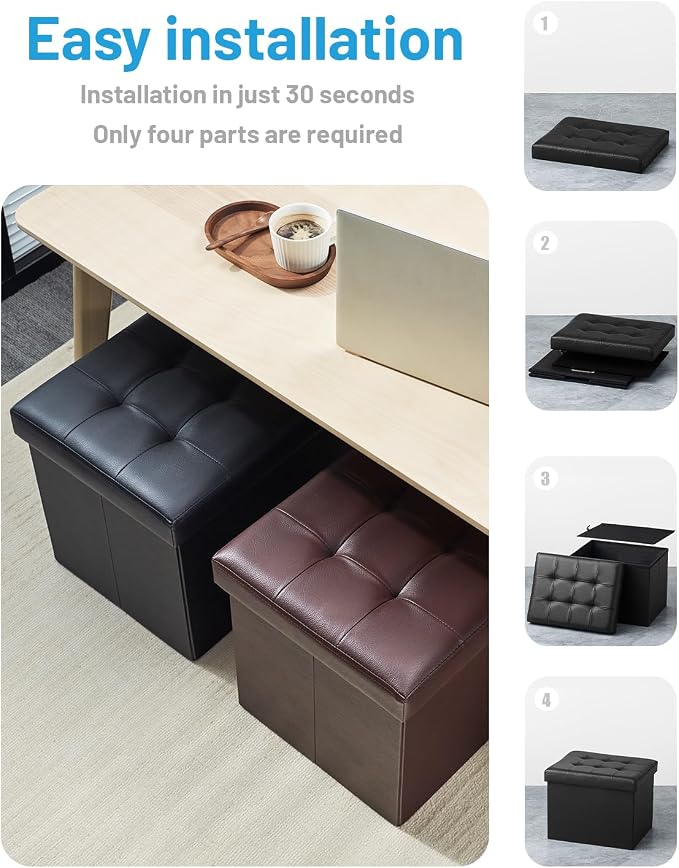 Bsketa Storage Ottoman Foot Rest Stool, Small Leather Storage Ottomans Bench, Folding Foot Stool with Handles Lid, Foot Rest Under Desk for Living Room Bedroom, 17x13x13 in, Black