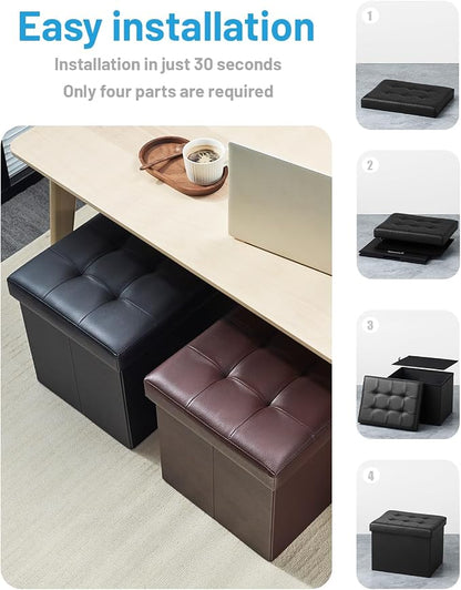 Bsketa Storage Ottoman Foot Rest Stool, Small Leather Storage Ottomans Bench, Folding Foot Stool with Handles Lid, Foot Rest Under Desk for Living Room Bedroom, 17x13x13 in, Black