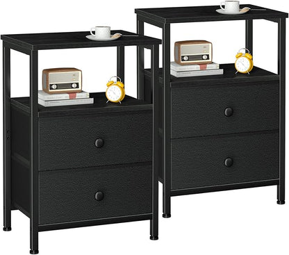 LOAKEKEL Nightstands Set of 2, Night Stand with 2 Fabric Drawers, Bed Side Table with Open Storage Shelf for Bedroom, Small End Tables Living Room, Black, HETS002BK