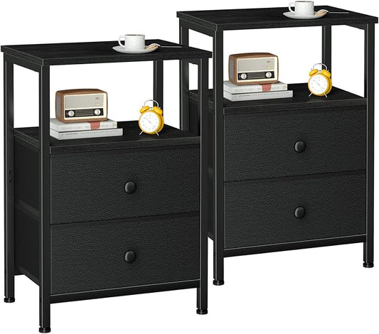 LOAKEKEL Nightstands Set of 2, Night Stand with 2 Fabric Drawers, Bed Side Table with Open Storage Shelf for Bedroom, Small End Tables Living Room, Black, HETS002BK