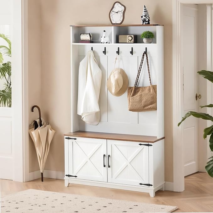 EROMMY 38" Farmhouse Hall Tree with Bench and Shoe Storage, Entryway Bench with Coat Rack, 2 Open Compartments, 5 Coat Hooks, Barn Door & Adjustable Shelf, Rustic White and Brown