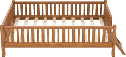 Merax Wood Twin Size Platform Bed with Guardrail, Kids Bed Frame with Stairs, Walnut