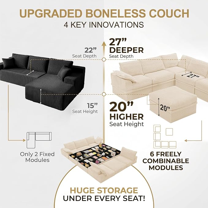 Upgrade Boneless Couch with Storage, Extra Deep&High Seat Modular Sectional Sofa 5 Seater U Shaped Couch with Ottoman, Tool-Free Assembly Sectional Couches for Living Room