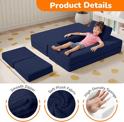 MeMoreCool Modular Kids Couch, Corduroy Play Toddler Couch for Bedroom Playroom Furniture, Convertible Foam Kids Sofa Bed, Fold Out Baby Sofa for Girl Boy, Navy