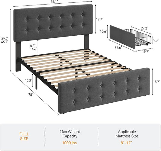 IDEALHOUSE Full Size Bed Frame with 4 Storage Drawers and Adjustable Headboard, Upholstered Mattress Foundation with Skin-Frienly Linen, No Box Spring Needed, Dark Grey (Full)