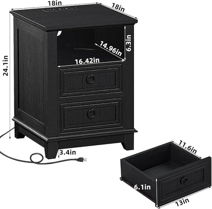 Joaxswe 18" Farmhouse Night Stand with Charging Station, 2 Drawers End Table Dresser for Bedroom, Black Wooden Nightstand, Bed Side Table with Open Shelf, Bedside Cabinet for Living Room, Closet