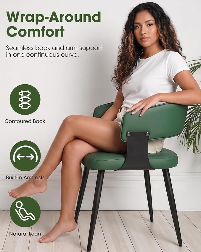 Dining Chairs Set of 4, Modern Upholstered PU Leather Kitchen & Dining Room Chairs with Curved Open Back Metal Legs, Kitchen Chairs for Dining Room Restaurant (Green, Set of 4)