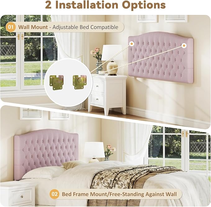 Queen Headboard Only, Upholstered Headboard for Adjustable Bed Velvet Tufted Queen/Full Size Wall Mounted Head Board with Solid Wood Legs Head Board, Pink
