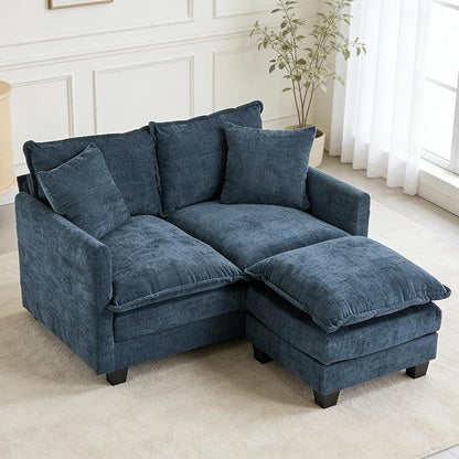 50'' L-Shape Loveseat Sofa with 22" Ottoman, 2 Seat Modern Cloud Couch with 2 Washable Pillows for Small Space Apartment Office Living Room Bedroom, Blue