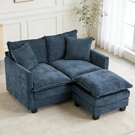 50'' L-Shape Loveseat Sofa with 22" Ottoman, 2 Seat Modern Cloud Couch with 2 Washable Pillows for Small Space Apartment Office Living Room Bedroom, Blue