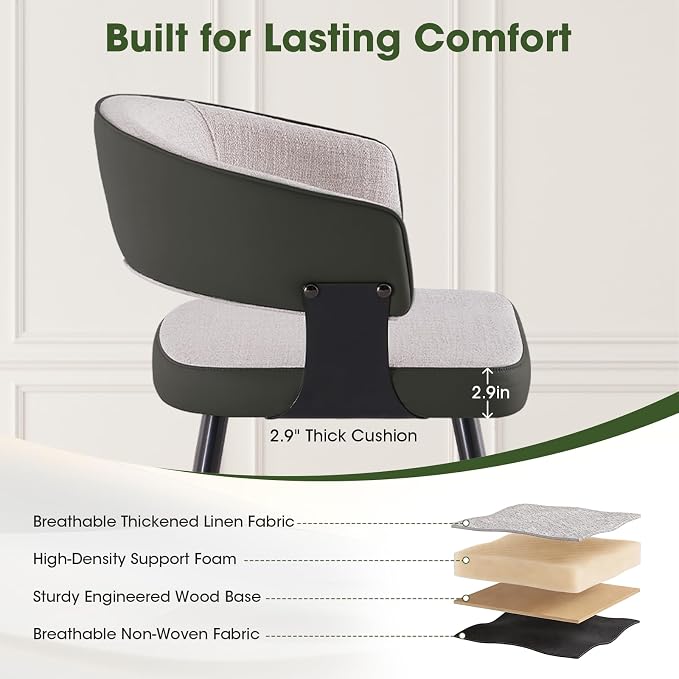 Dining Chairs Set of 4, Modern Upholstered Kitchen & Dining Room Chairs with Breathable Woven Fabric and Faux Leather Accents, Curved Open Back & Metal Legs (Beige Woven, Set of 4)