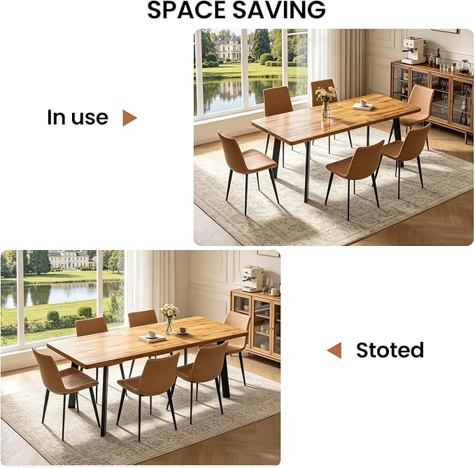 Extendable Dining Table Set for 6 to 8 People, 63" to 78.7" Modern Kitchen Table Set with 6 Leather Chairs, MDF Dining Room Table and Chairs with Removable Extension Leaf (Walnut Table+Brown Chairs)