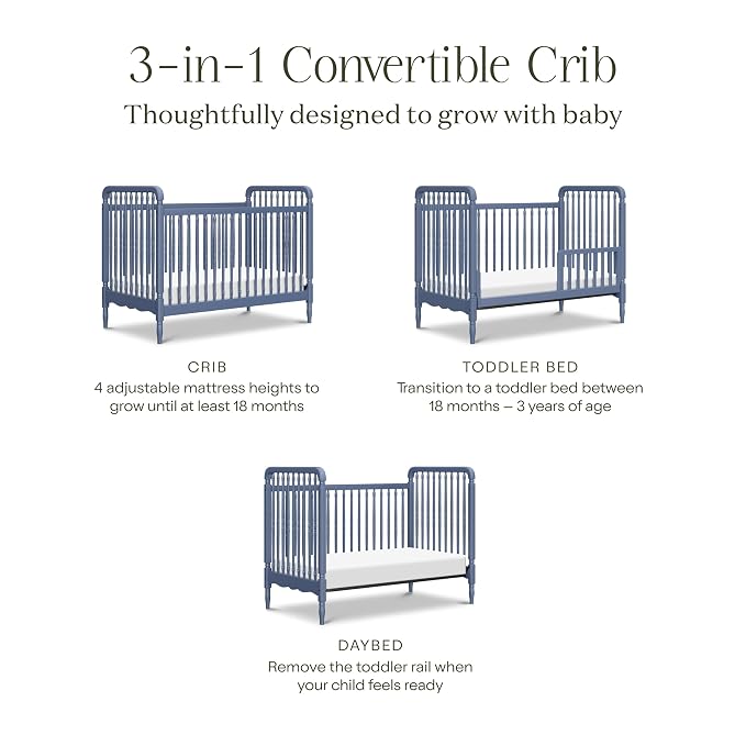 Namesake Liberty 3-in-1 Convertible Spindle Crib, Cove Blue | GREENGUARD Gold & FSC Certified, Converts to Toddler Bed & Daybed, 4 Adjustable Heights, Toddler Conversion Kit Included