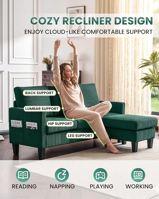 Karl home 67" Small Sectional Couch L Shaped Sofa, Green | Movable Storage Ottoman, Corduroy Upholstered, Sofa Chaise, Side Pockets 5.9" Sofa Legs for Living Room, Apartment, Studio
