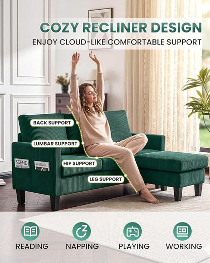 Karl home 67" Small Sectional Couch L Shaped Sofa, Green | Movable Storage Ottoman, Corduroy Upholstered, Sofa Chaise, Side Pockets 5.9" Sofa Legs for Living Room, Apartment, Studio