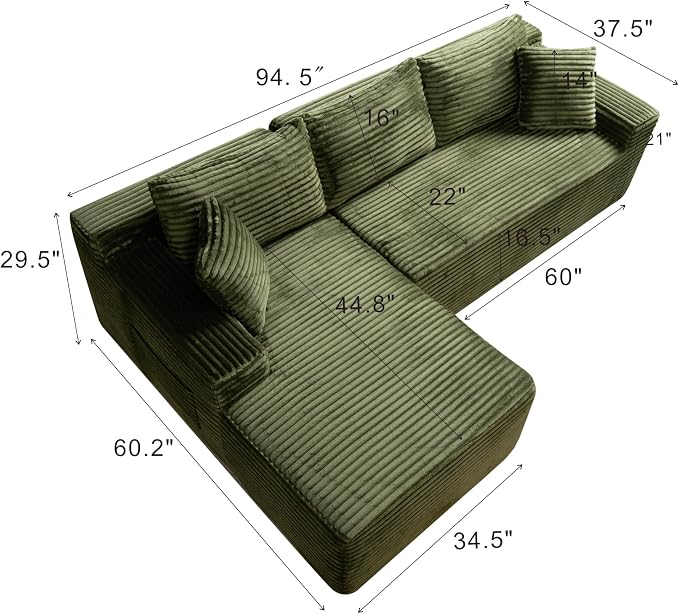 95" L-Shaped Right Facing Cloud Sectional Couch for Living Room, Modular Compressed Boneless Sectional Sofa Corduroy Boneless Corner Foam Sofa W/Chaise Lounge and Pillows