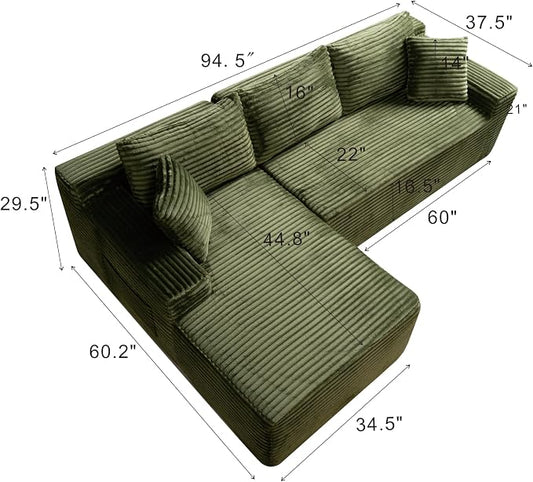 95" L-Shaped Right Facing Cloud Sectional Couch for Living Room, Modular Compressed Boneless Sectional Sofa Corduroy Boneless Corner Foam Sofa W/Chaise Lounge and Pillows