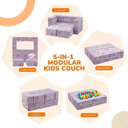 MeMoreCool Kids Modular Couch – Glow-in-the-Dark Butterfly Foam Sofa Bed, Lavender Convertible Toddler/Youth Playroom Sofa-to-Bed