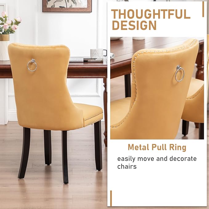 Mid Century Modern Dining Chair Set of 2 Velvet Upholstered Dining Accent Chair Farmhouse Dining Chairs with High Back and Nailhead Trim for Kitchen, Living Room, Bedroom (Gold)