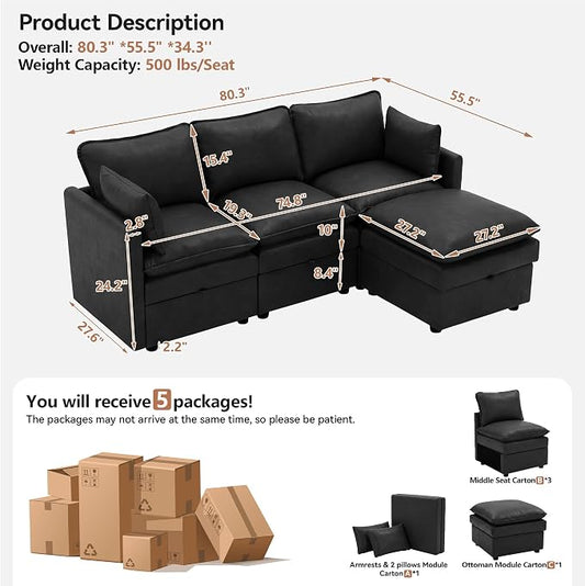 80" Black Faux Leather Storage 3 Seater Sofa with Ottoman, Comfy Couch | Convertible Modular Sectional Sofa, L Shaped Oversized Couch, Upholstered Large Cloud Couch For Living Room, Apartment.