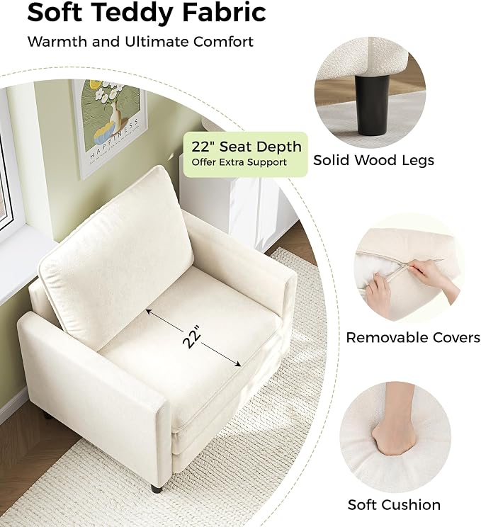 Welzona 3-Layers Cloud Accent Chair, 33" Reading Chair for Bedroom, Living Room - Tool-Free Assembly with Teddy Fabric Couch Chair - Beige - Arm Chairs - Removable Washable Covers - 450lb Capacity